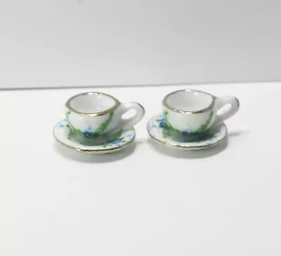 Dollhouse Miniature Set Of 2 Blue And Green Floral Teacups With Saucers  • $4.99