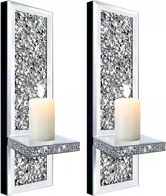 Set Of 2 Crystal Crush Diamond Candle Sconces Gorgeous Silver Mirrored Wall Scon • $37.34