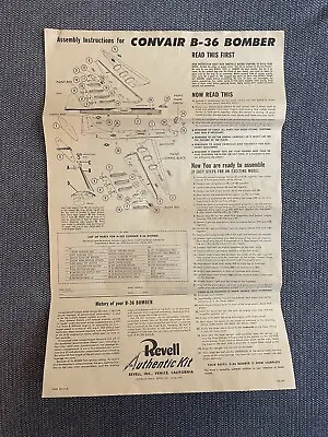 Vintage 1954 Revell Convair B-36 Bomber Instructions Sheet • $12.95