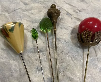 Lot Of Vintage & Antique Lot Of 5 Hat Pins Cravat Pin~Czech Glass~ Wood~Brass • $14.83