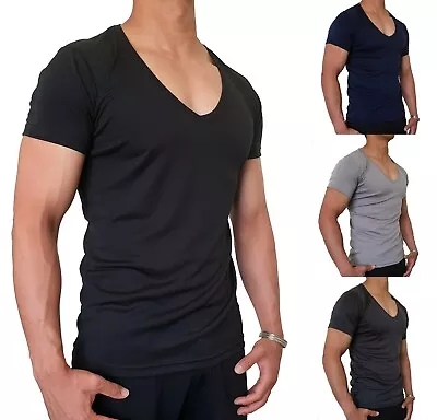 Mens Deep V Neck T Shirt Quick Dry Polyester Slim Fit S - Xxl Euro Casual Muscle • $10.24