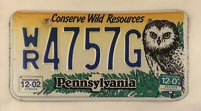 Conserve Wild Resources Pennsylvania License Plate WR 4757G Owl PA 2001 2002 Tag • $34.95