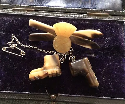 Vintage Carved Antler Scottish Thistle Brooch - Safety Chain Pin - Boots Charms • £11.85