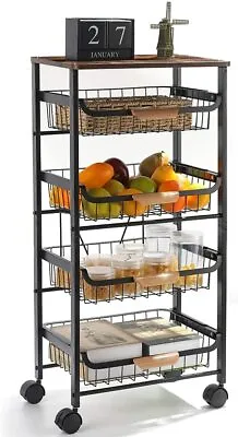 5Tier Metal Wire Basket Shelf Rolling Storage Cart Sliding Basket Wood Cover Top • $38.29