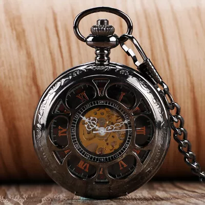 Retro Steampunk Men's Pocket Watches With Chain Mechanical Movement Black Tone • £20.39