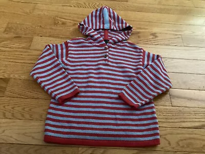 MINI BODEN GIRL 5/6 Cotton Knit Red & Blue Strioe Hooded Pullover Sweater • $5.25