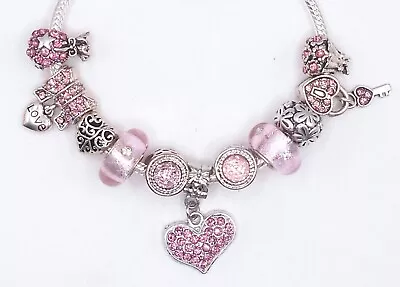 $38 • Buy Pink Cz Heart & Love Valentine's Day Themed Charm Bead Set & Gift Pouch!