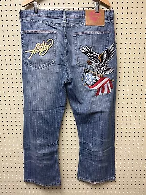 Vintage Ed Hardy Jeans Men’s 38x30 Y2K Blue Denim Embroidered Eagle Flag ‘08 • $47.20