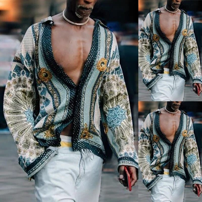 Mens Dashiki African Ethnic T-shirt Long Sleeve Tops V-neck Kaftan Tribe Shirts • £15.34