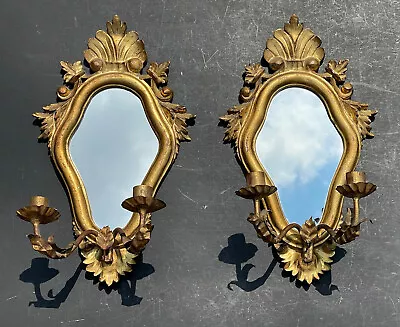 PAIR Vintage ITALIAN ITALY Candelabras MIRRORS GOLD Hollywood Regency Wall RARE! • $274.95