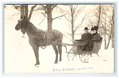 Postcard RPPC Couple Horse Drawn Sleigh Winter Boyd Edna Langston Posted 1908 • $19.95