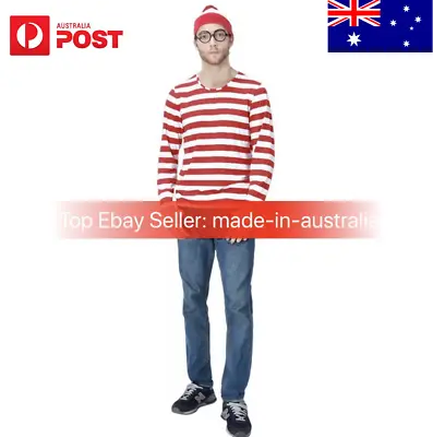 Wheres Wally Costume Outfit Adult Man Halloween Dress UP Party TOP+HAT+GLASSES  • $30.99