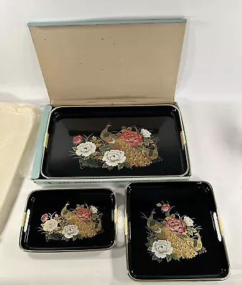 New Vtg Japanese Lacquerware Black Nesting Trays Set Of 3 Peacock Floral Painted • $29.99
