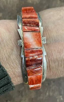 Men's Native American Sterling Silver Red Spiny Oyster Inlay Bracelet Excellent • $249.95