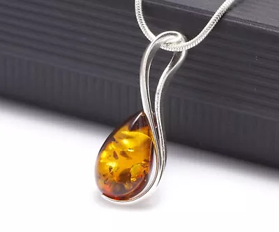 NATURAL BALTIC AMBER Jewellery Gemstone STERLING SILVER 925 PENDANT NECKLACE • £22.99