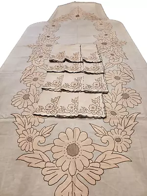 Fabulous Vintage Madeira Pink Linen Floral BANQUET Tablecloth 10ft 12 Napkin TAG • $140