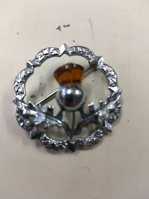 Vintage Mizpah Silver Tone Thistle Amber Glass Scottish Wreath Brooch Pin • $9.95