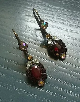Vintage Sorrelli Brass Tone Swarovski Crystal & Garnet Dangle Earrings. J6023 • $31