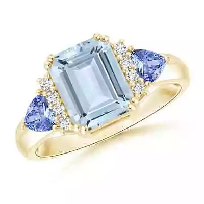 ANGARA Emerald Cut Aquamarine Trillion Tanzanite 3 Stone Ring In 14K Gold • £873.32