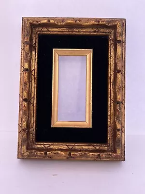 Hand Carved Vintage Linen Lined Gold Black Wood Picture Frame 2” X 4” • $20