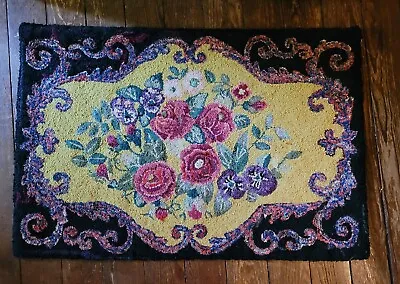 Antique Colorful Floral American Hooked Rug 35  X 24  Signed  1921 • $295