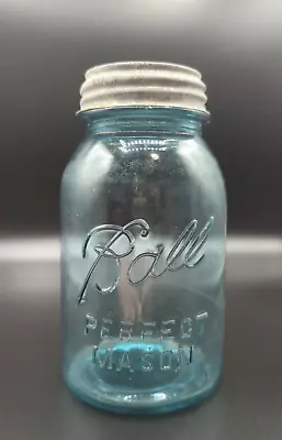 Antq Blue Ball PERFECT MASON Narrow Mouth Qrt  7  Canning Jar W/Zinc Lid • $11.97