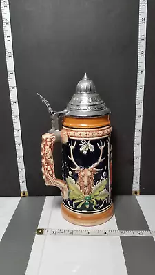 Vintage Made In Germany Beer Stein W/Lid Cobalt Stag Antlers; Glaze Is Crazing • $16.99