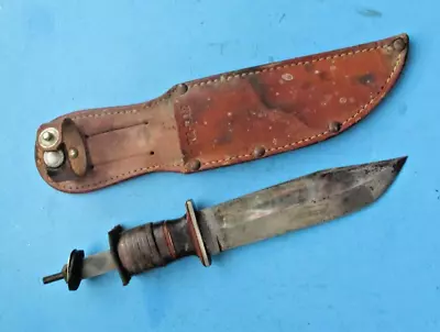 Vintage Union Cutlery Co. KA-BAR Leather Stacked Hunting Knife & Leather Sheath • $19.99