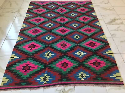 Large Pink Handmade Wool Kilim Rug Turkish Kelim Old Oriental Farmhouse Boho Rug • $366.79