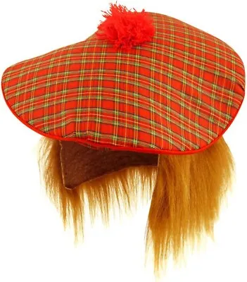 SCOTTISH TARTAN HAT WITH GINGER HAIR Stag Night Adult Mens Fancy Dress Wig • £5.64