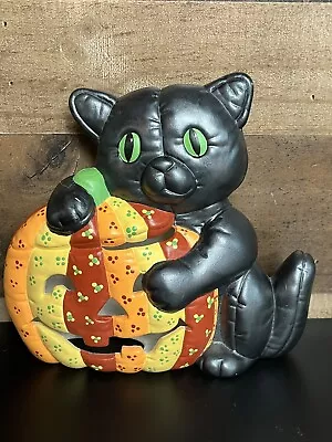 Vintage Ceramic Mold Pumpkin Jack-O-Lantern Black Cat Hand Painted No Light • $29.99