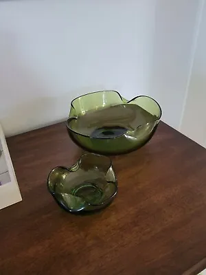 Vintage Green Avocado Chip And Dip Glass Bowl Set Mid Century Anchor Hocking • $22