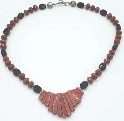 Jasper Obsidian Fan Necklace 9.25 Silver Clasp & Faceted Beads Vintage Nice ! • $20