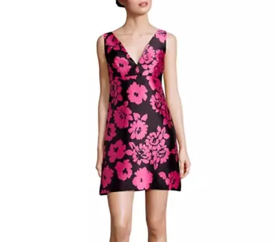 MILLY Mini Dress 10 Pink Sleeveless V-Neck Floral Brocade A-Line Black Cocktail • $99.98