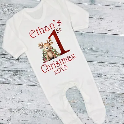 Personalised First 1st Christmas Reindeer 2024 Baby Bib Vest Grow Romper T • £11.99