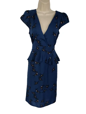£13.59 • Buy Bnwt Women Dorothy Perkins Uk 12 Ink Blue Bird Print Peplum Occasion Party Dress