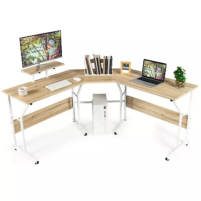 88.5  L Shaped Reversible Computer Desk 2 Person Long Table Monitor Stand Oak • $98.99