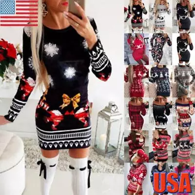 $8.62 • Buy Womens Christmas Knitted Jumper Dress Ladies Xmas Party Sweater Bodycon Dress