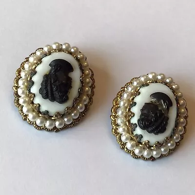 Vintage West Germany Signed Cameo And Pearl Earrings • $45