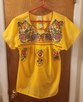 Peasant Tunic Hand Embroidered Mexican Puebla Blouse Top Medium Javier Clothing  • $28