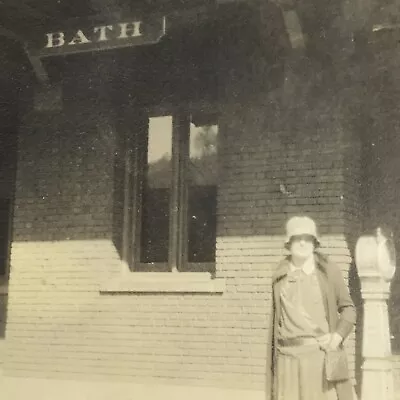 Vintage Sepia Photo Bath House Sign Entrance Woman Standing Sidewalk Front • $6.69