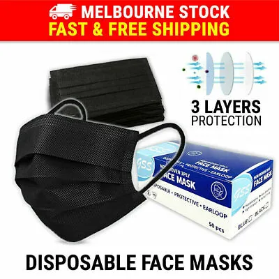 50PCS Face Mask Black 3 Layer Protective Mouth Masks Filter Respirator General • $12.71