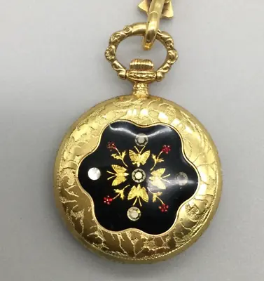 Vintage Bucherer Pendant Necklace Watch 24mm Butterfly Floral Back Gold Tone • $134.99