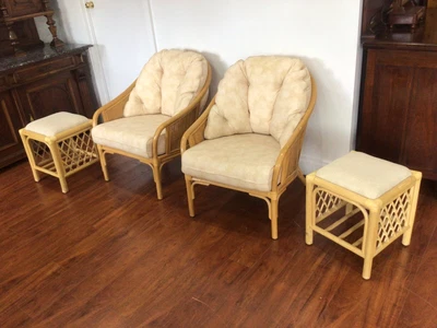 $259 • Buy Pair Gary Masters Rattan Armchairs And Pair Footstools