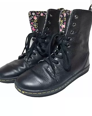 Dr. Doc Martens Stratford Fold Down Black Leather Boots Floral Womens Sz 8 • $39.99