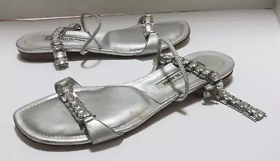 MANOLO BLAHNIK Silver Leather 38.5 EU Embellished Crystals Flat Sandals  • $49.99