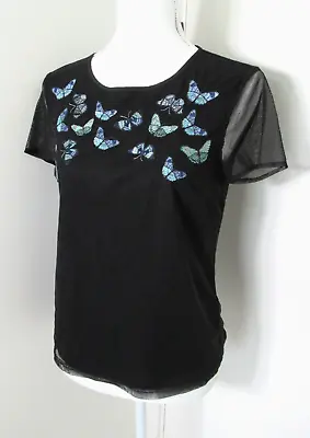 Oasis Black Mesh Butterfly Embroidered Boho Top Size XS • £9.99