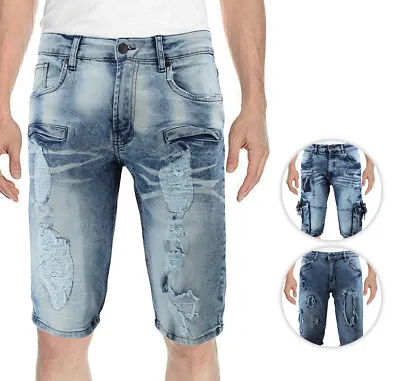 Men's Faded Wash Distressed Fringe Skinny Slim Fit Jean Stretch Denim Shorts • $26.24