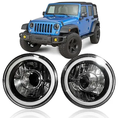 7  Round Headlights W/ White LED Halo Sealed Beam For Jeep Wrangler JK TJ • $29.99