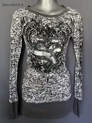 New VOCAL Womens USA BLACK CRYSTAL HEART WINGS BURNOUT BLING SHIRT S M L XL • $30.35